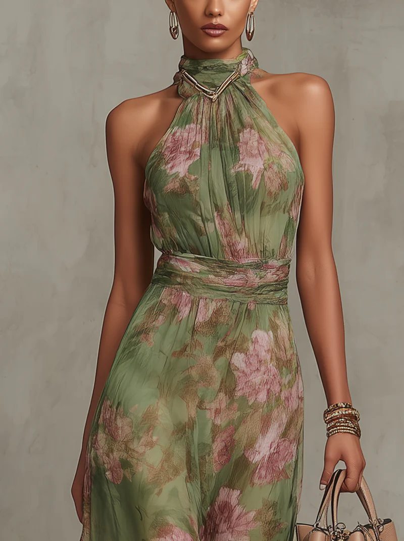 Long green floral chiffon dress with a low back.