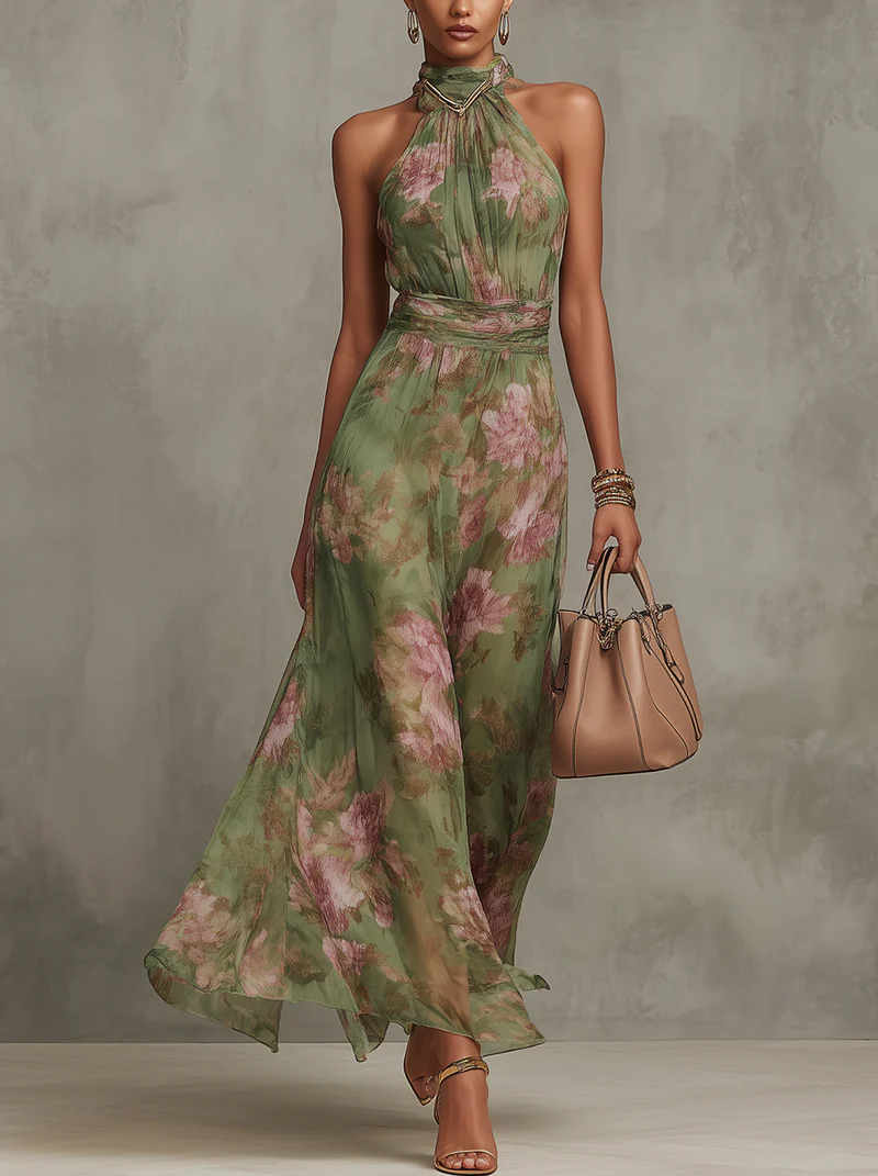 Long green floral chiffon dress with a low back.