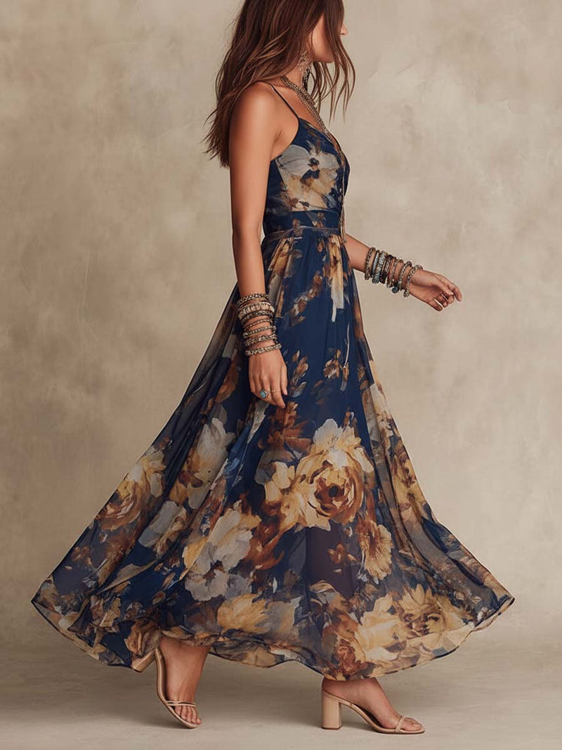 Navy Blue Chiffon Floral Print Spaghetti Strap Maxi Dress details