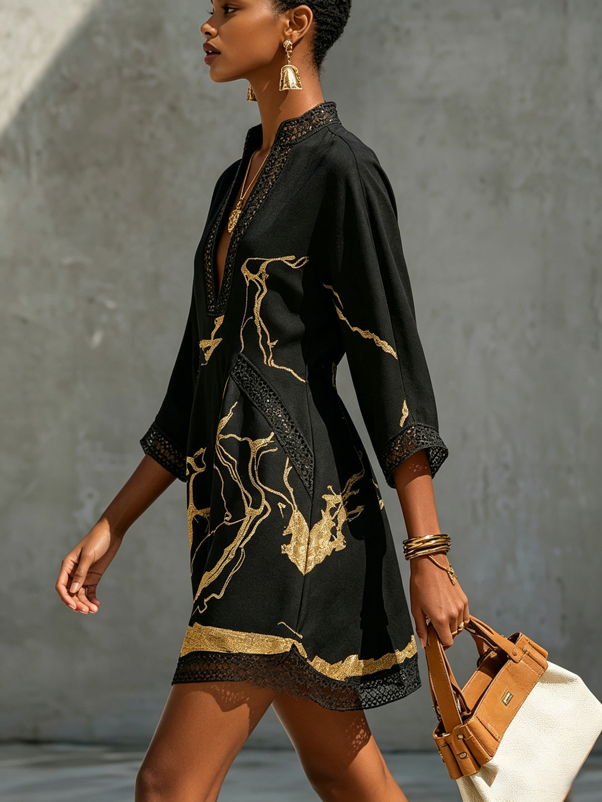 Vynexa | Black Gold Printed V-neck Crochet Lace Mini Dress