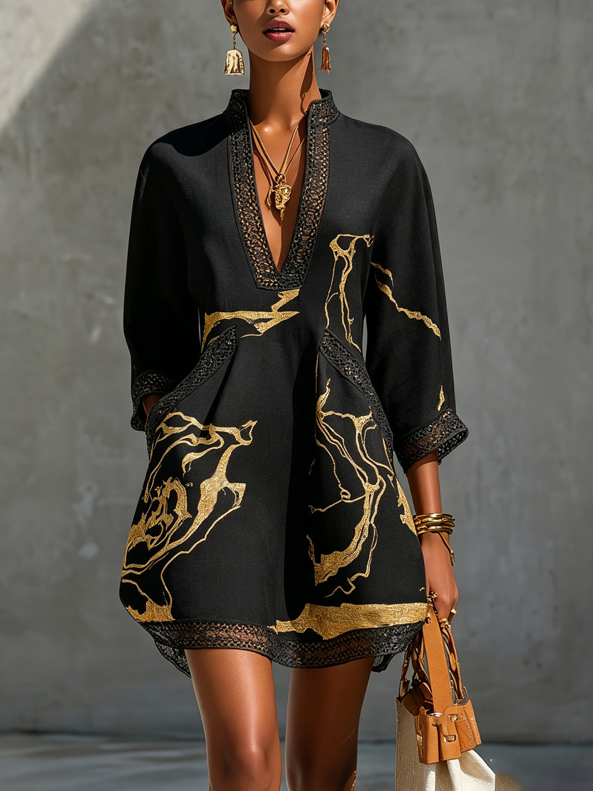 Vynexa | Black Gold Printed V-neck Crochet Lace Mini Dress