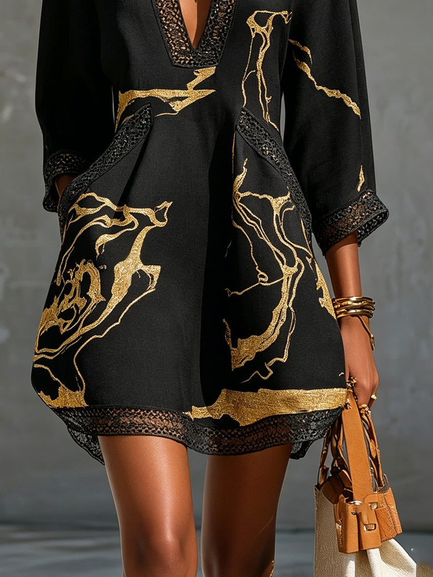 Vynexa | Black Gold Printed V-neck Crochet Lace Mini Dress