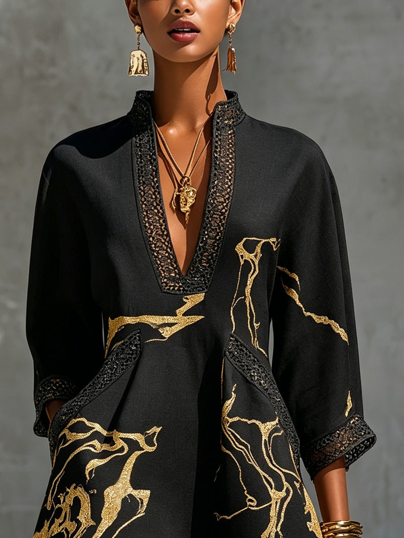 Vynexa | Black Gold Printed V-neck Crochet Lace Mini Dress