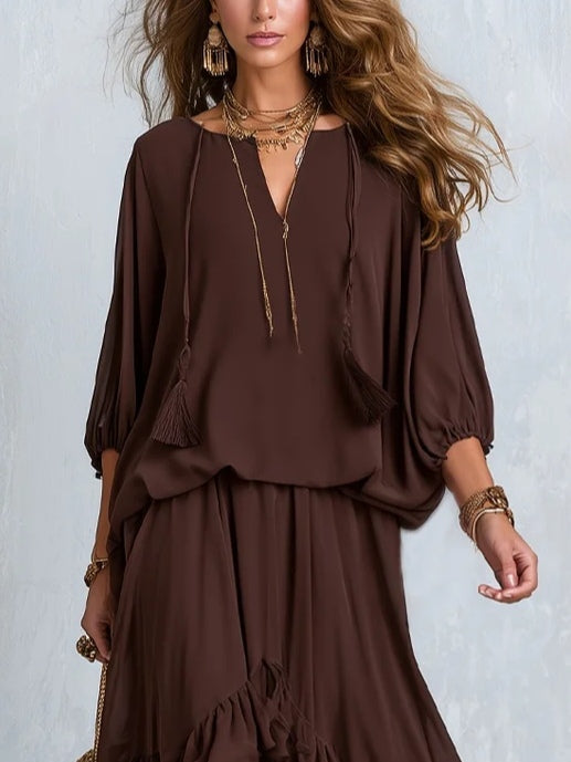 Vynexa | Brown Chiffon Tassel Drawstring V-neck Top Paired With A Ruffled Layered Skirt Set