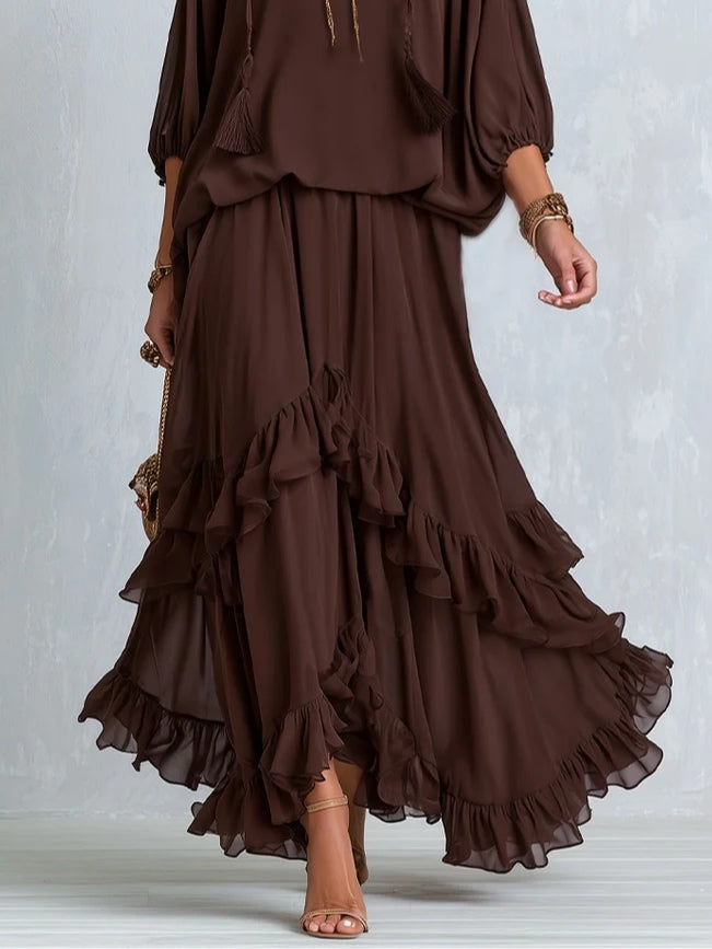 Vynexa | Brown Chiffon Tassel Drawstring V-neck Top Paired With A Ruffled Layered Skirt Set