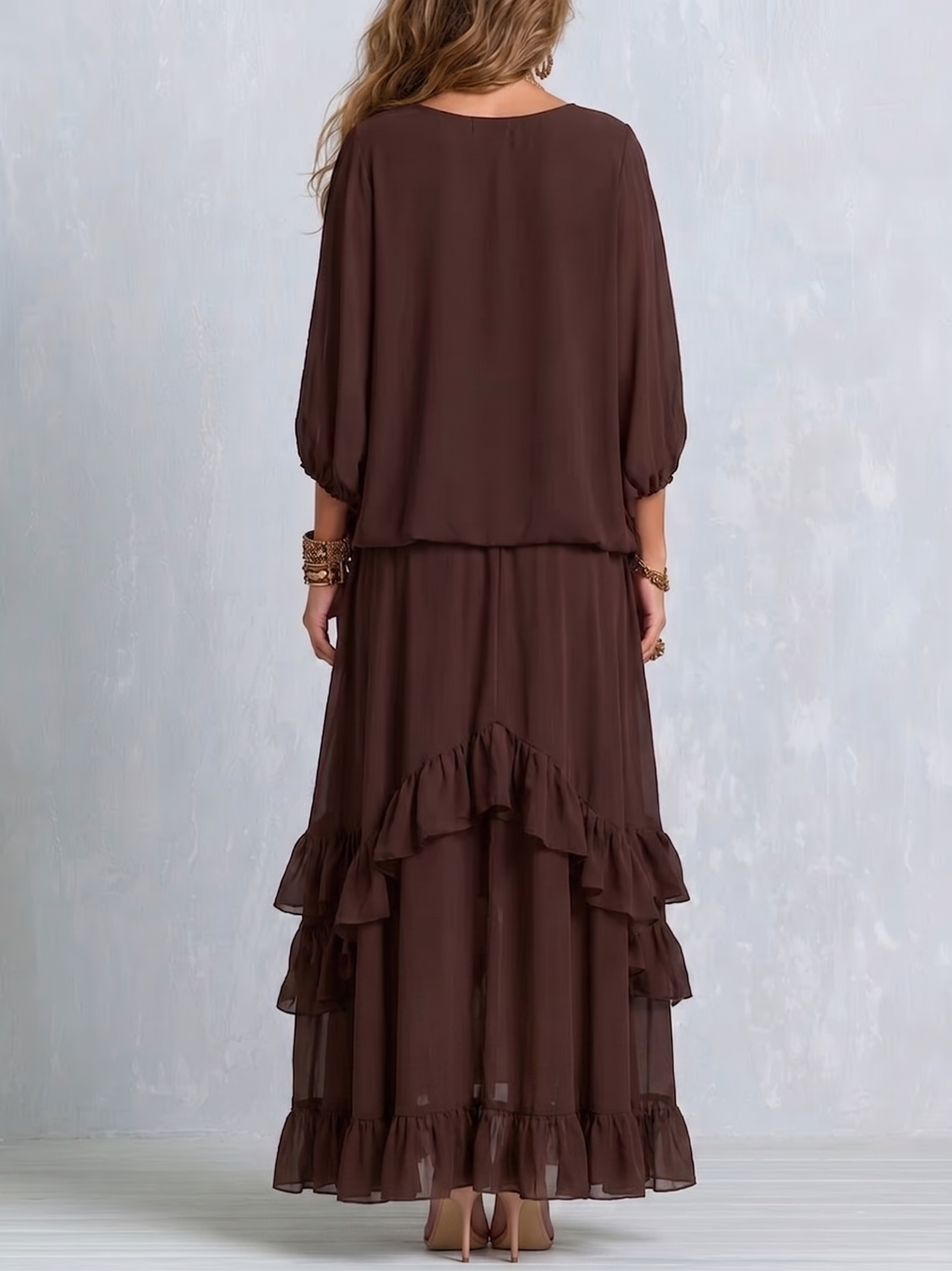 Vynexa | Brown Chiffon Tassel Drawstring V-neck Top Paired With A Ruffled Layered Skirt Set