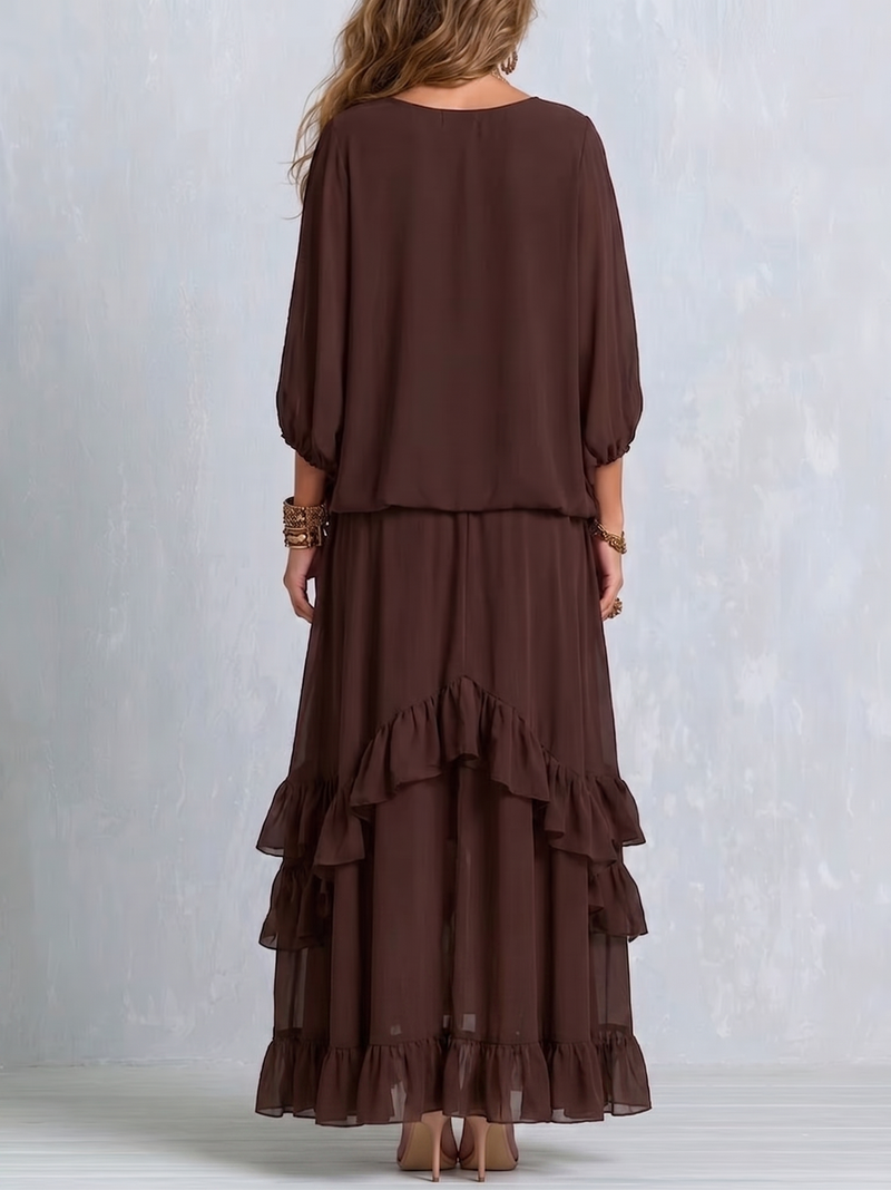 Vynexa | Brown Chiffon Tassel Drawstring V-neck Top Paired With A Ruffled Layered Skirt Set details
