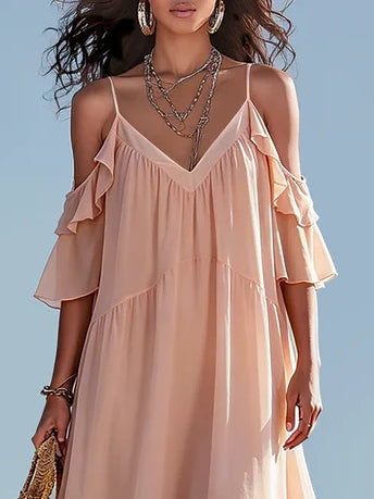 Vynexa | Dreamy Pink Off-shoulder Chiffon Ruffled Maxi Dress
