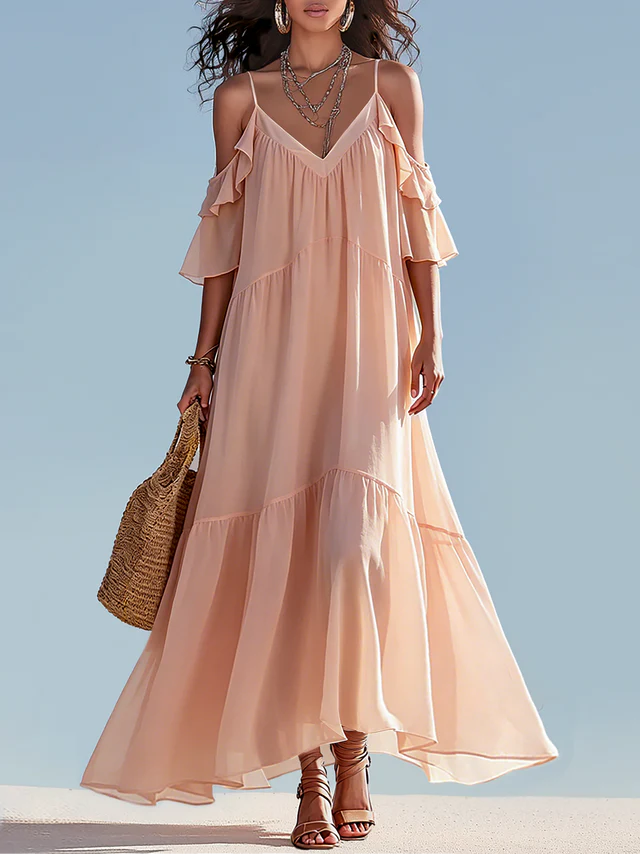 Vynexa | Dreamy Pink Off-shoulder Chiffon Ruffled Maxi Dress