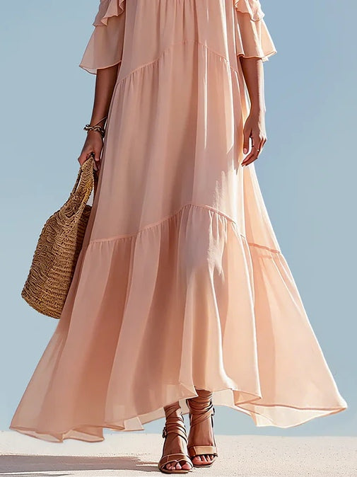 Vynexa | Dreamy Pink Off-shoulder Chiffon Ruffled Maxi Dress