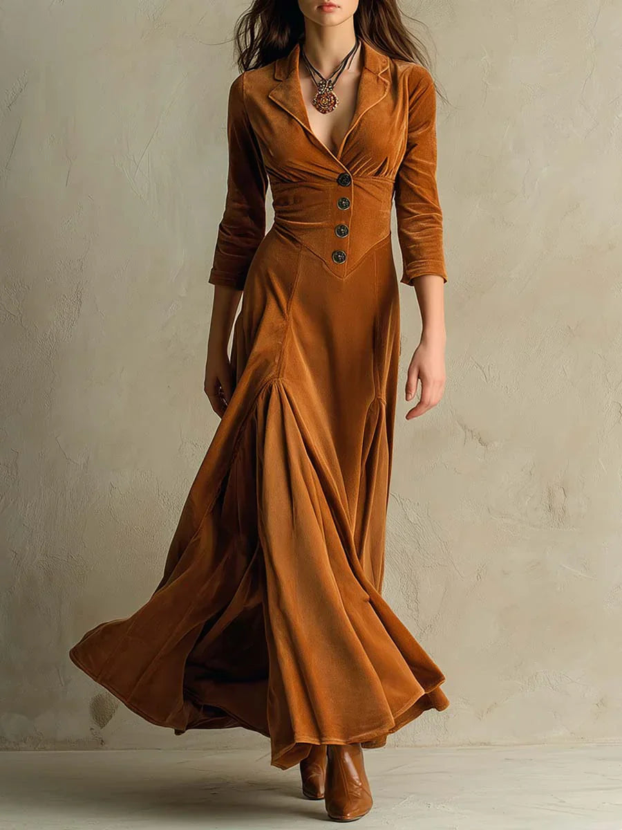 Velmorah™ | Vintage Velvet Collared Maxi Dress