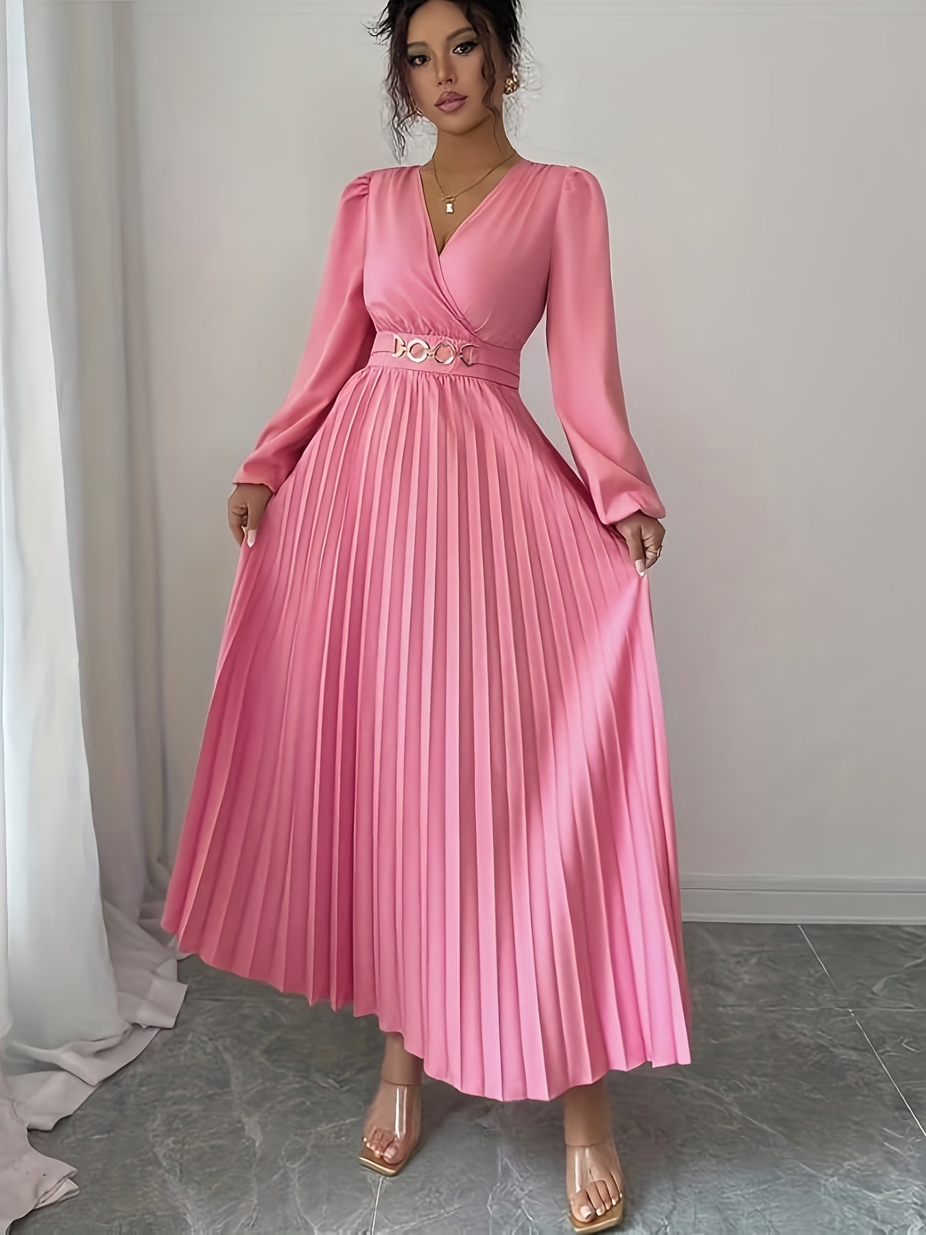 Vellamira™ | Metallic V-Neck Puff-Sleeve Evening Gown