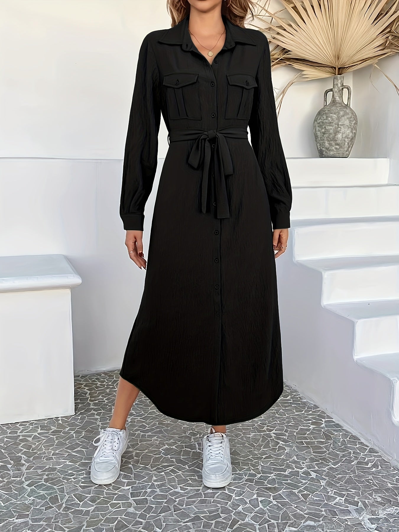 Aveline™ | Belted Button-Front A-Line Shirt Dress