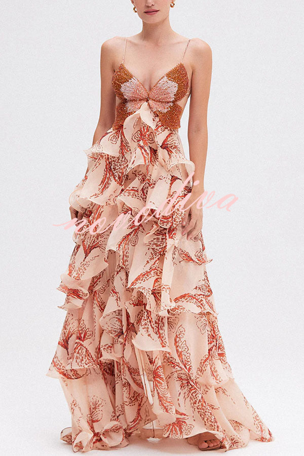 Ariae™ | Butterfly Print Ruffled Backless Tie-Up Maxi Dress