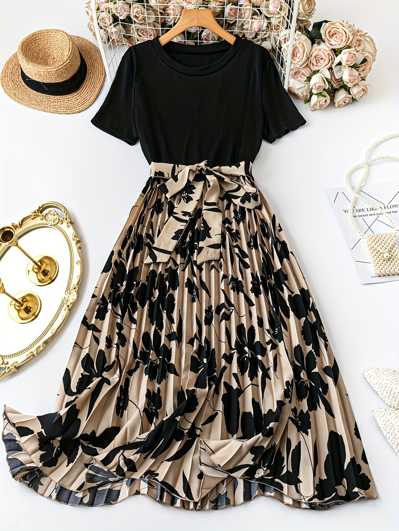 Ruchelle™ | Floral Print Ruched Midi Dress with Tie Waist