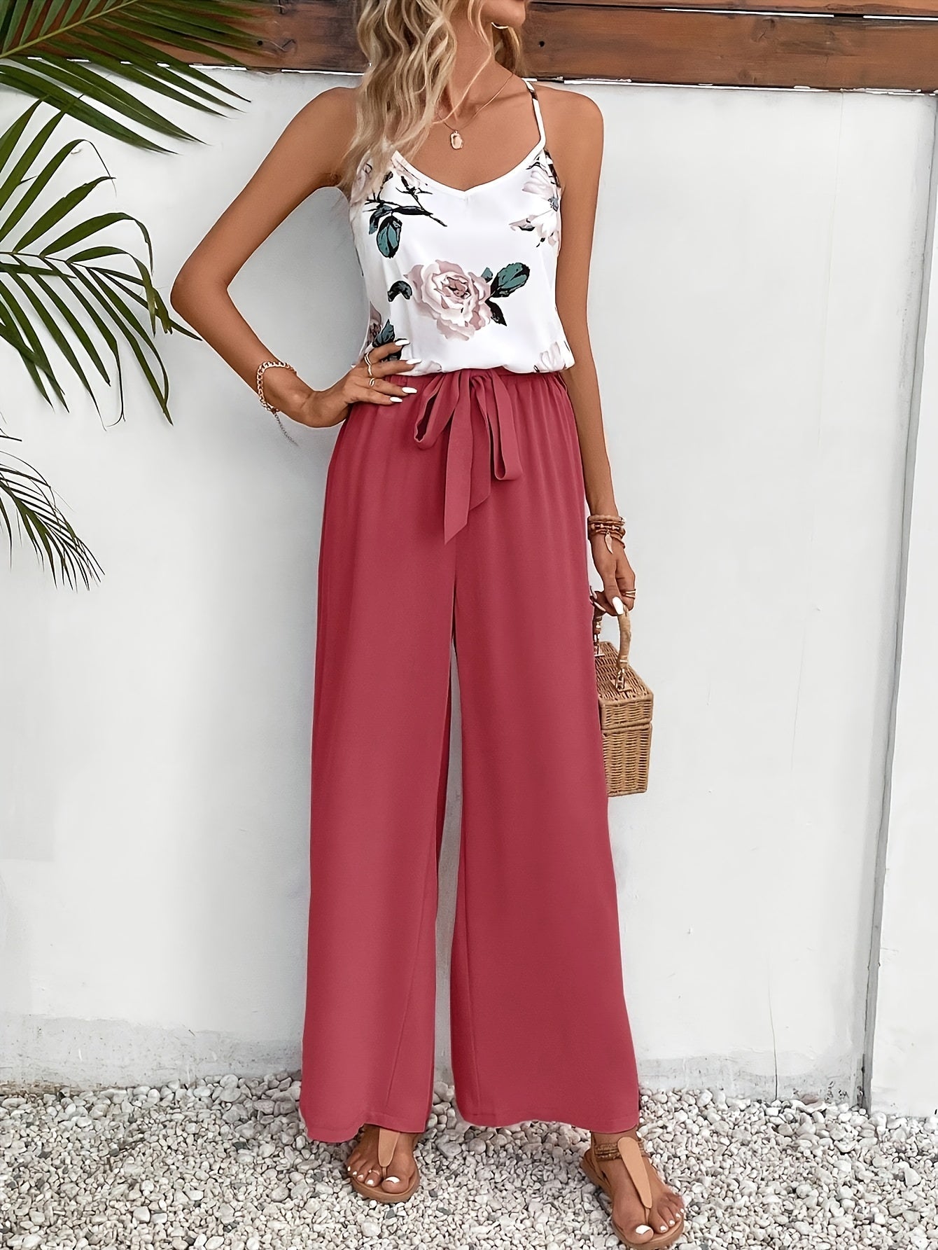 Camibelle™ | Printed Camisole & Solid Pants Set with Bow Belt