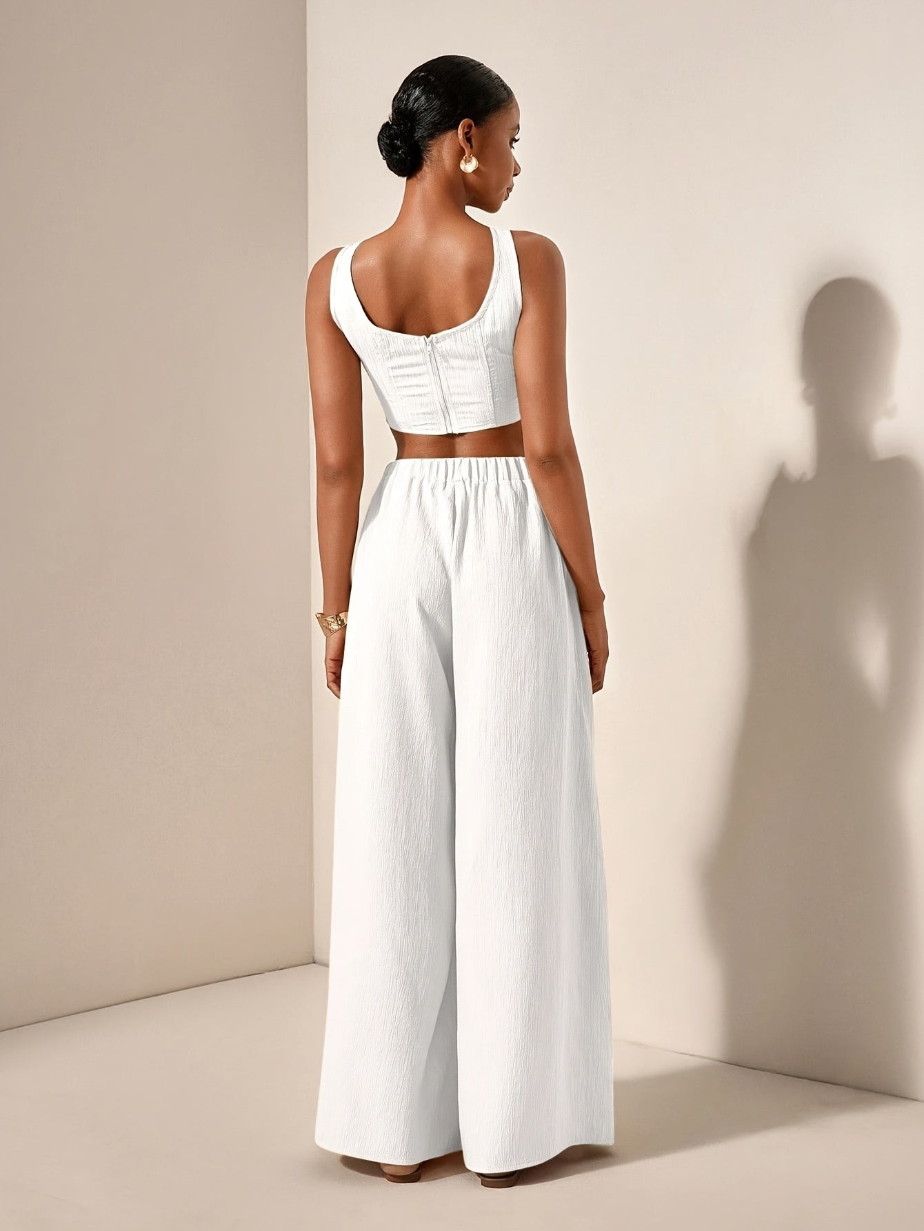 Casual Fishbone Cami Top And Wide-Leg Pants with Pockets 2pcs Set
