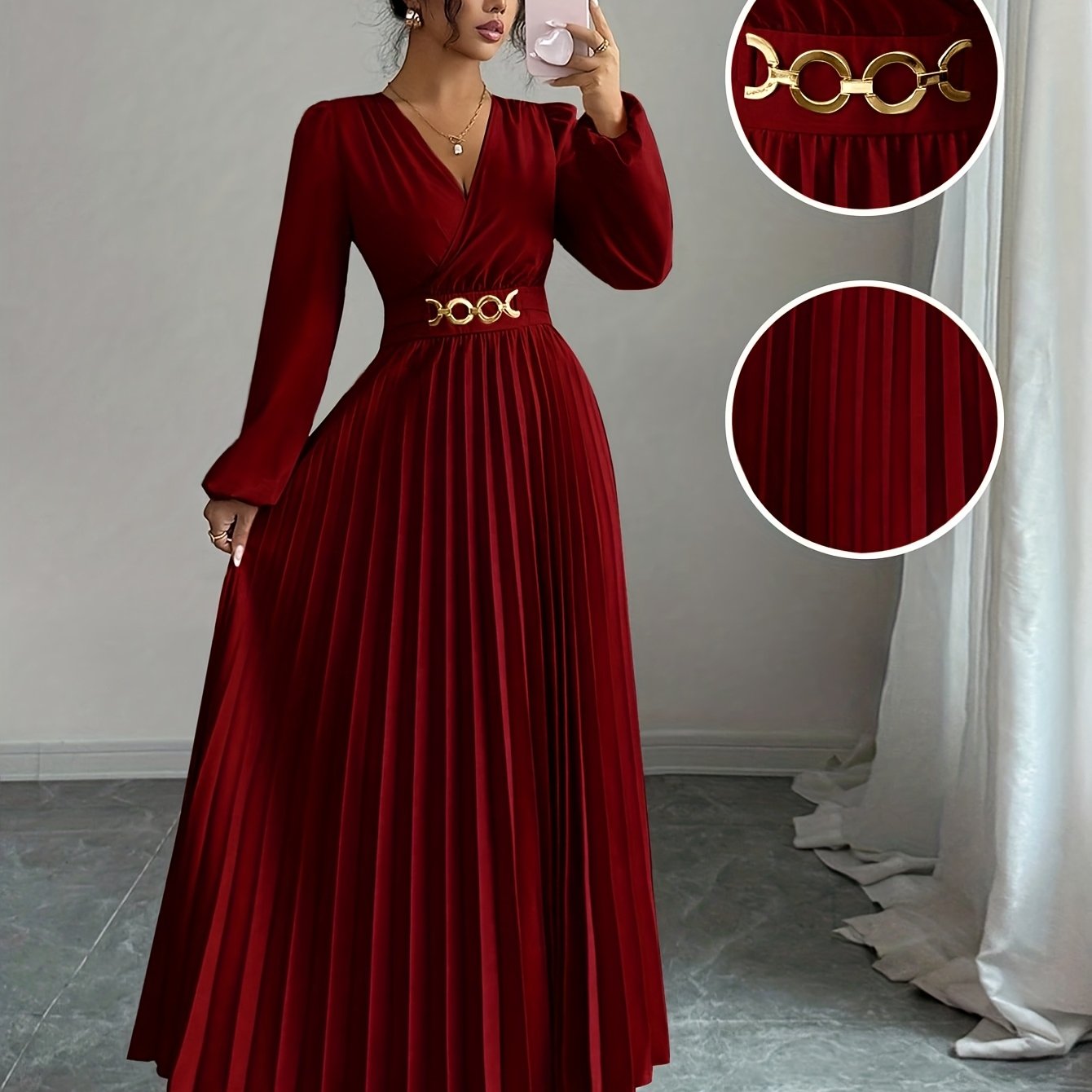 Vellamira™ | Metallic V-Neck Puff-Sleeve Evening Gown