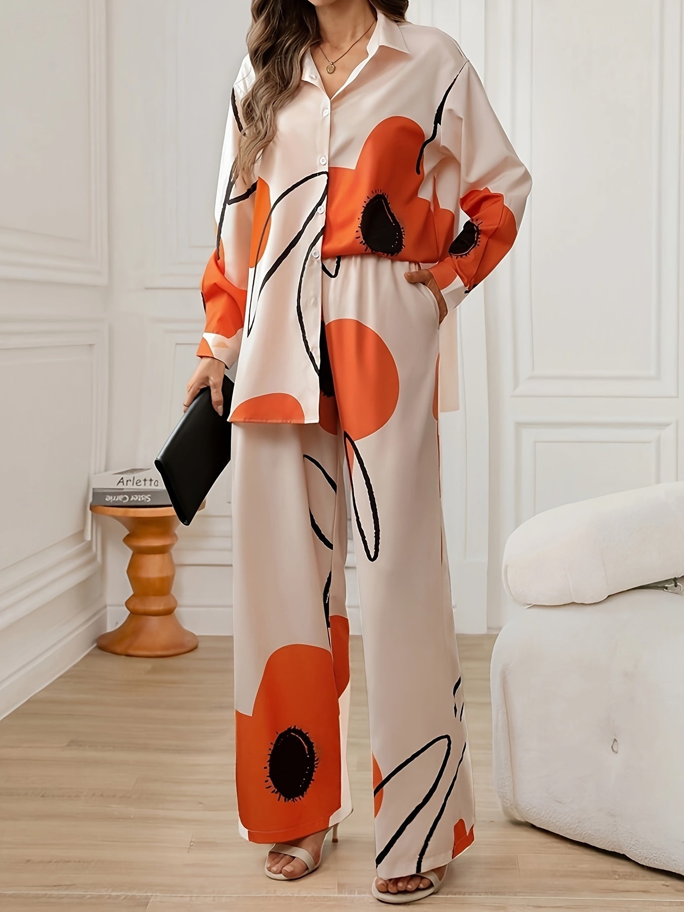 FloriLuxe™ | Floral Long-Sleeve Shirt & Wide-Leg Pants Set