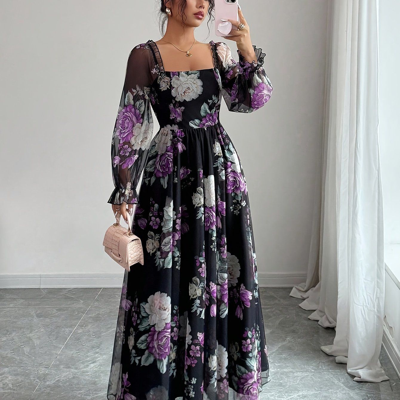FloraNero™ | Square-Neck Puff-Sleeve Floral A-Line Dress