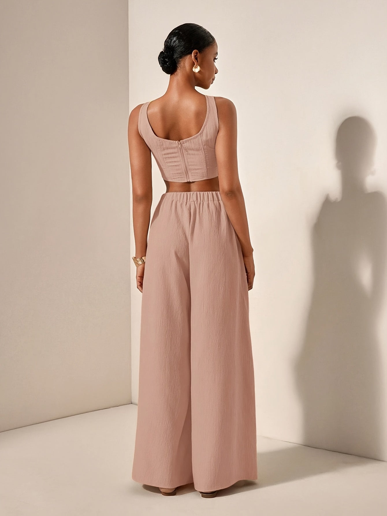 Casual Fishbone Cami Top And Wide-Leg Pants with Pockets 2pcs Set