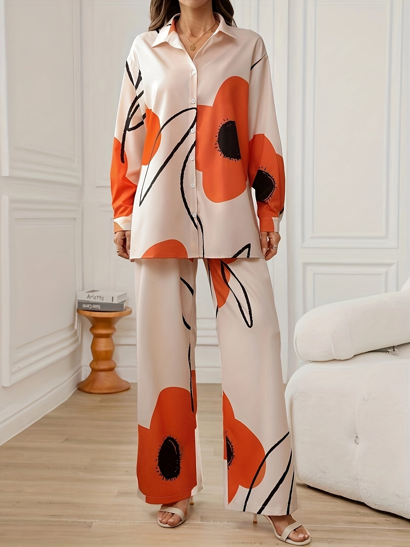 FloriLuxe™ | Floral Long-Sleeve Shirt & Wide-Leg Pants Set