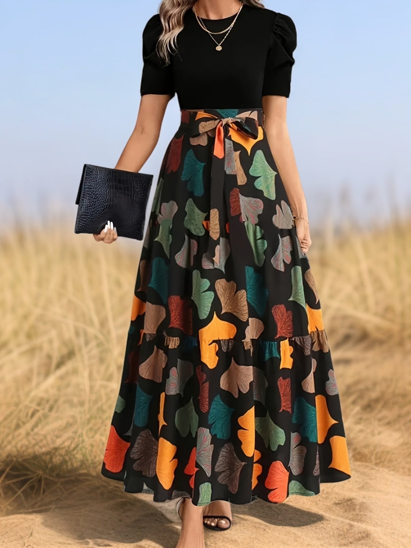 GeoBelle™ | Puff-Sleeve A-Line Geometric Midi Dress