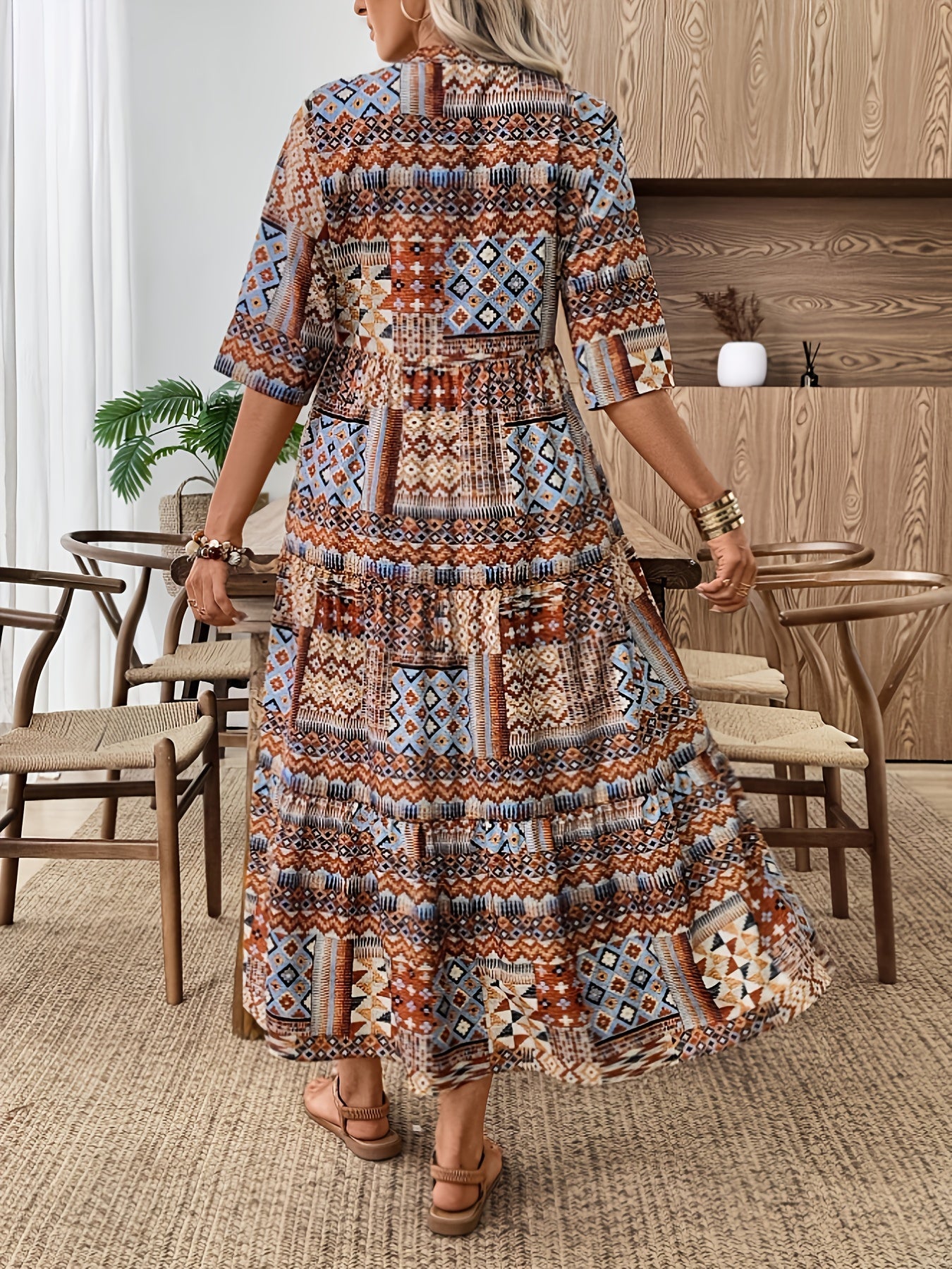 GeoBoheme™ | Long-Sleeve A-Line Maxi Dress with Geometric Print