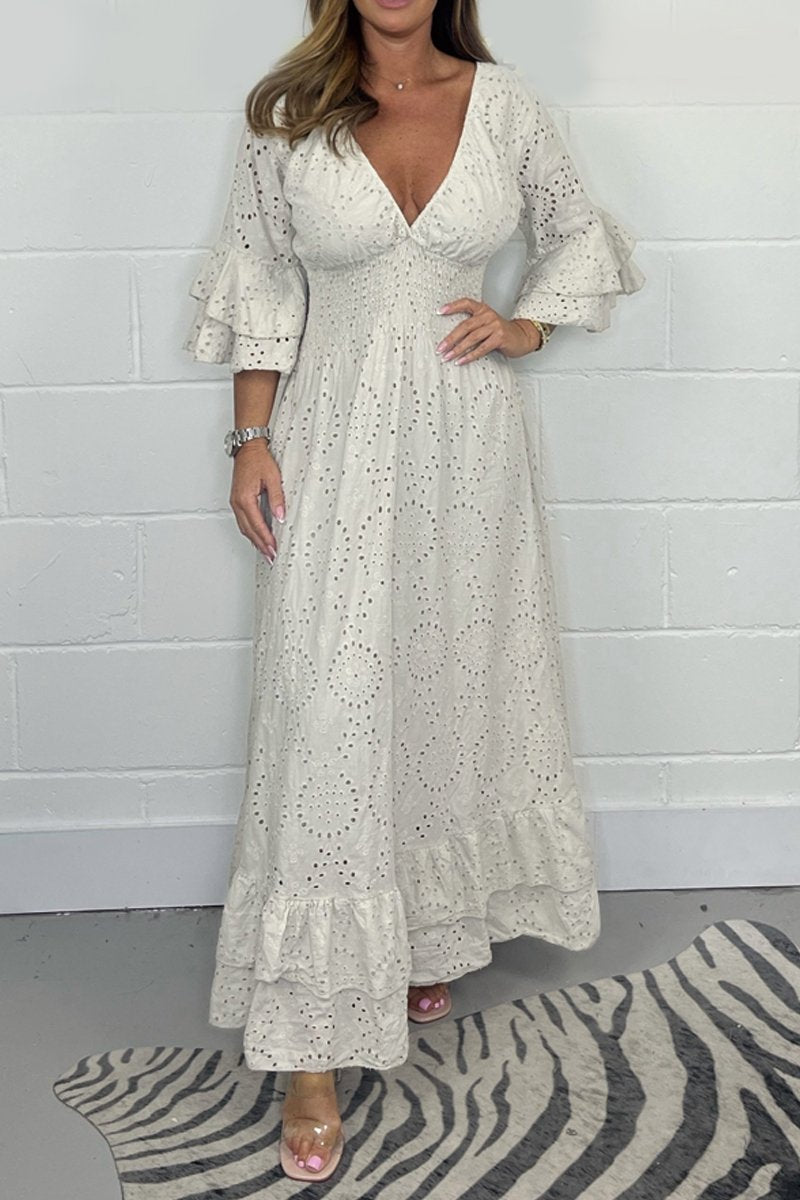 LaceVienne™ | V-Neck Cotton Cutout Lace Dress