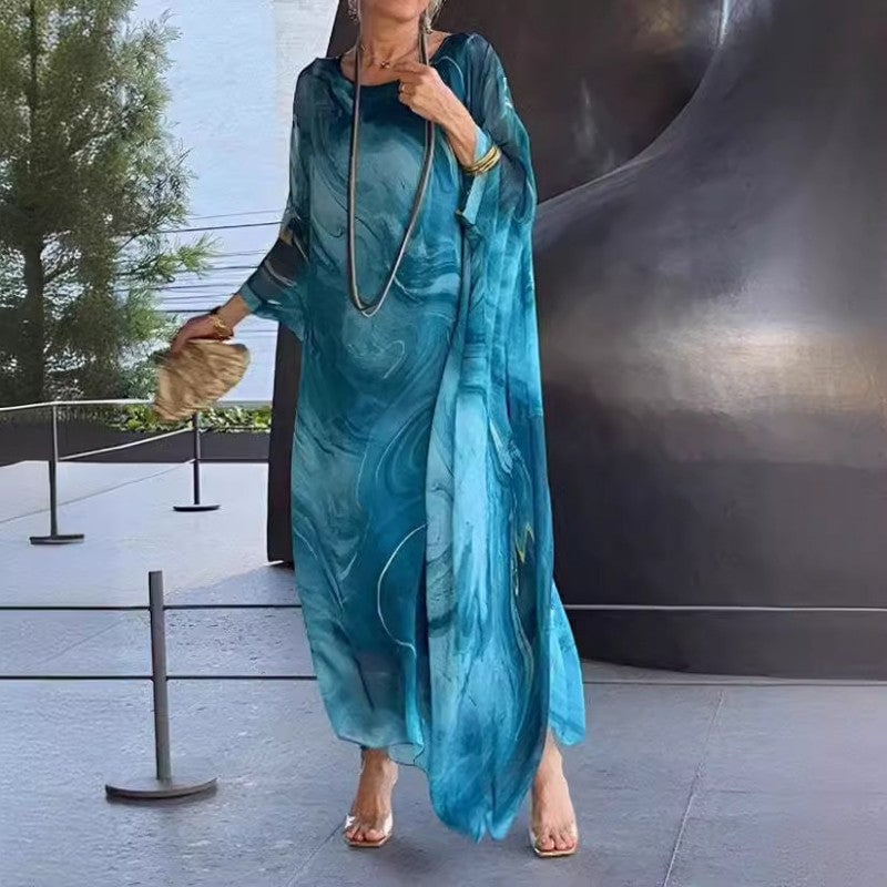 Marivelle™ | Marble Print Chiffon Maxi Dress