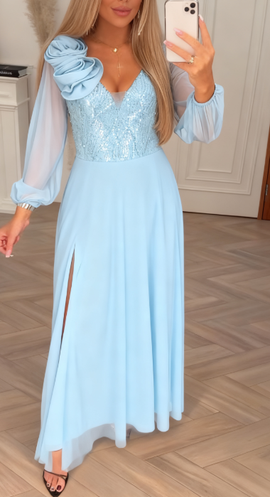 FloriSéquin™ | Lace-Sleeve Dress with Sequin & Floral Embellishments