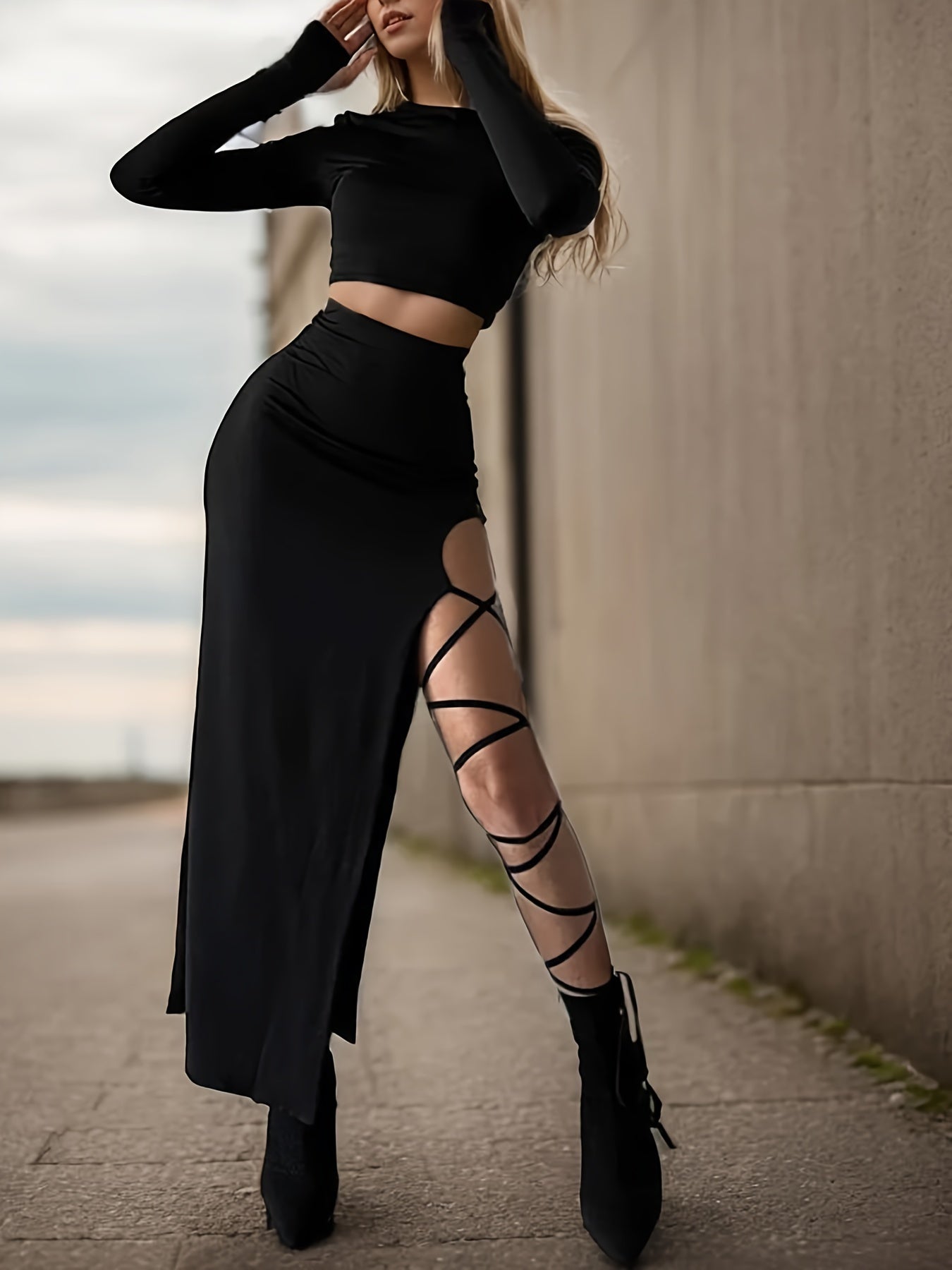 Women Sexy 2pcs Set - Long Sleeve Crop Top and One Side Split Lace Up Long Skirt