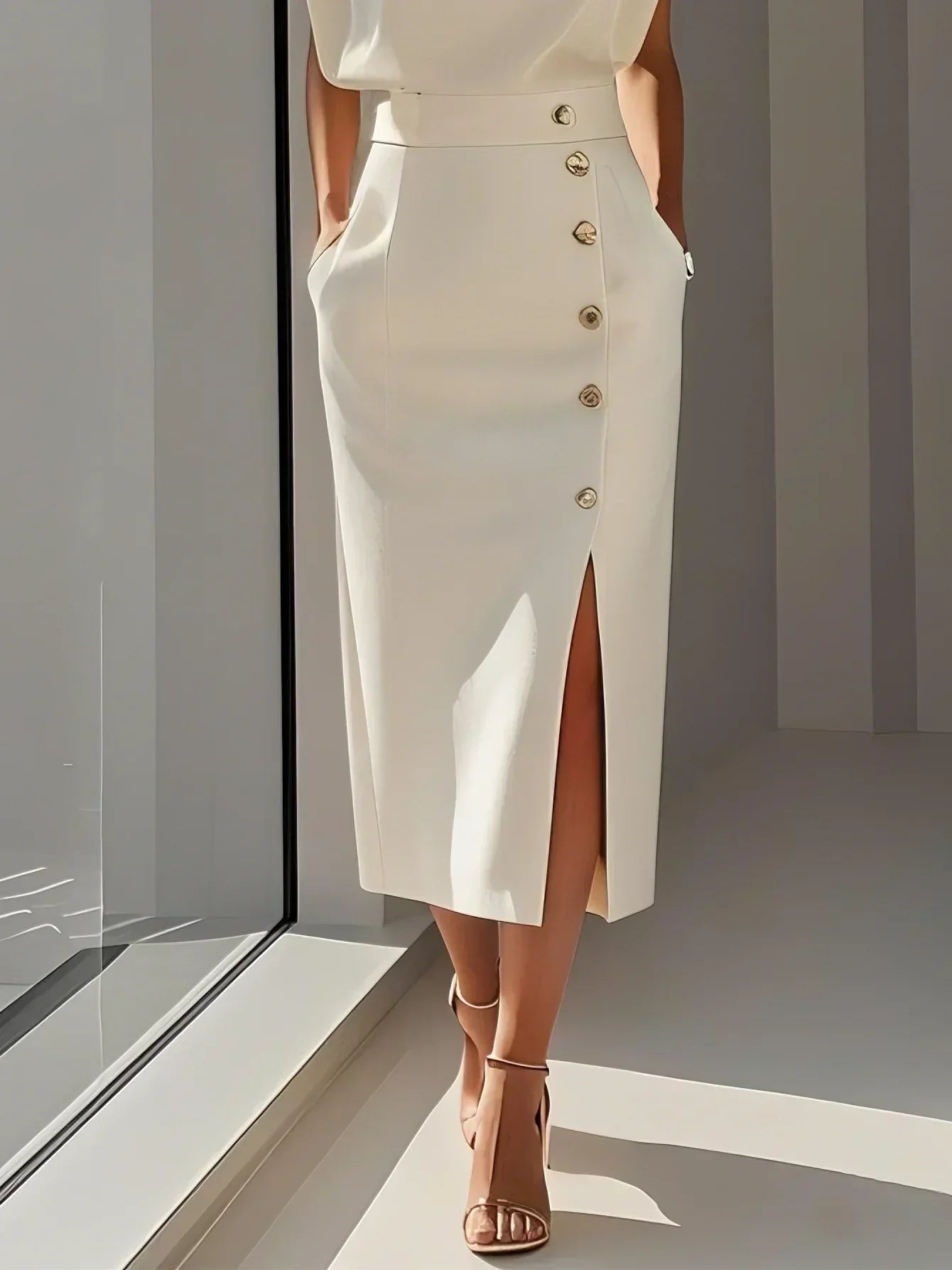Malene™ | Solid Midi Dress with Button Slit and Round Neckline