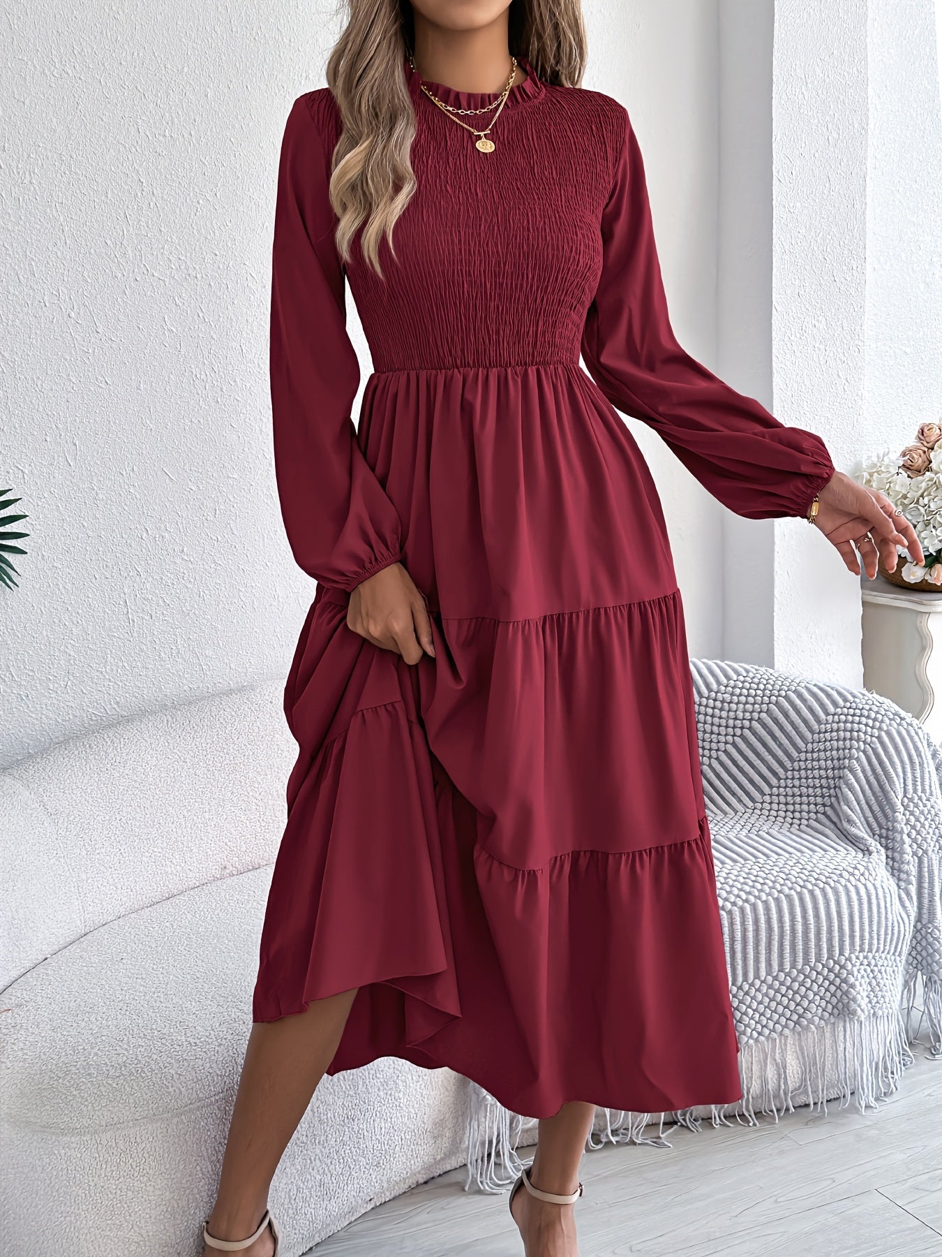 Lantera™ | Waist-Cinched Lantern Sleeve Ruffle Maxi Dress