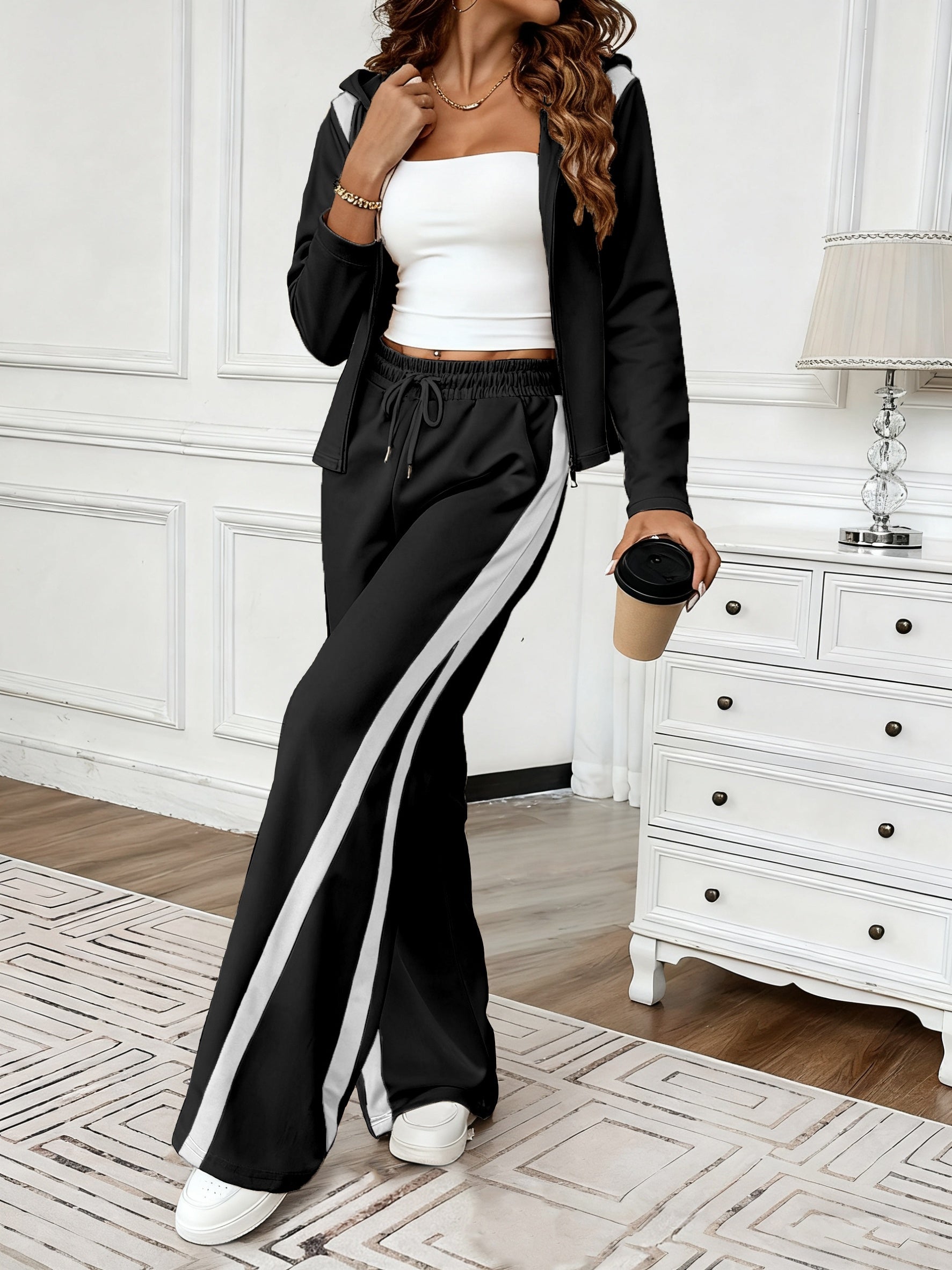 BrownaLuxe™ | Color-Block Zip Hoodie & Straight-Leg Pants Set