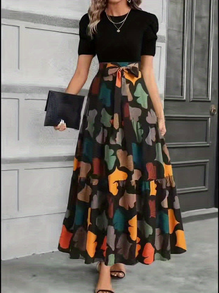GeoBelle™ | Puff-Sleeve A-Line Geometric Midi Dress