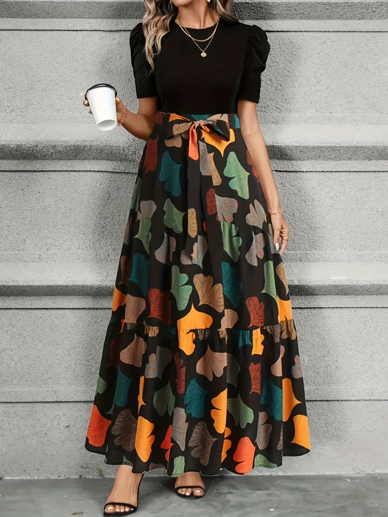 GeoBelle™ | Puff-Sleeve A-Line Geometric Midi Dress