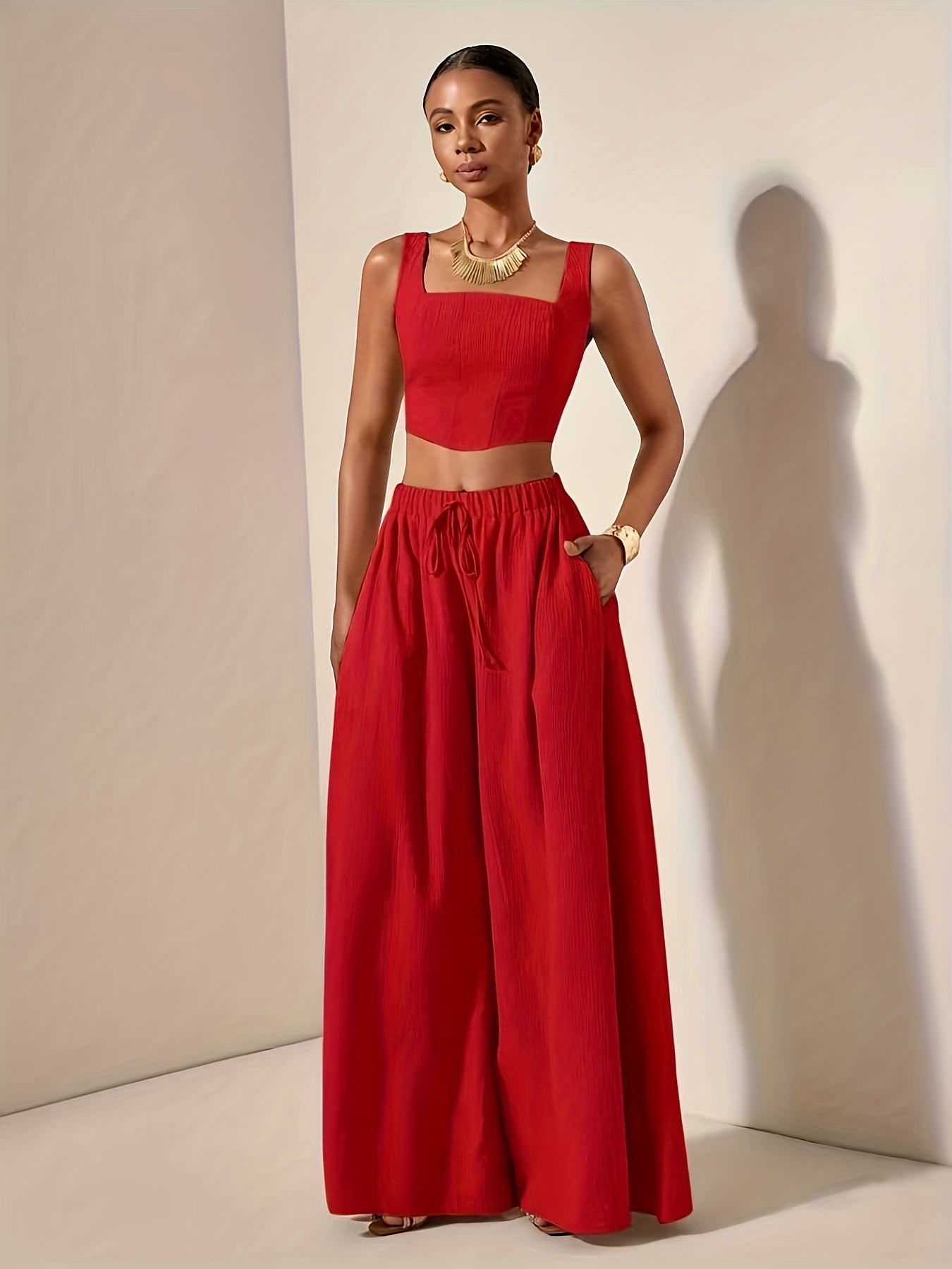 Casual Fishbone Cami Top And Wide-Leg Pants with Pockets 2pcs Set