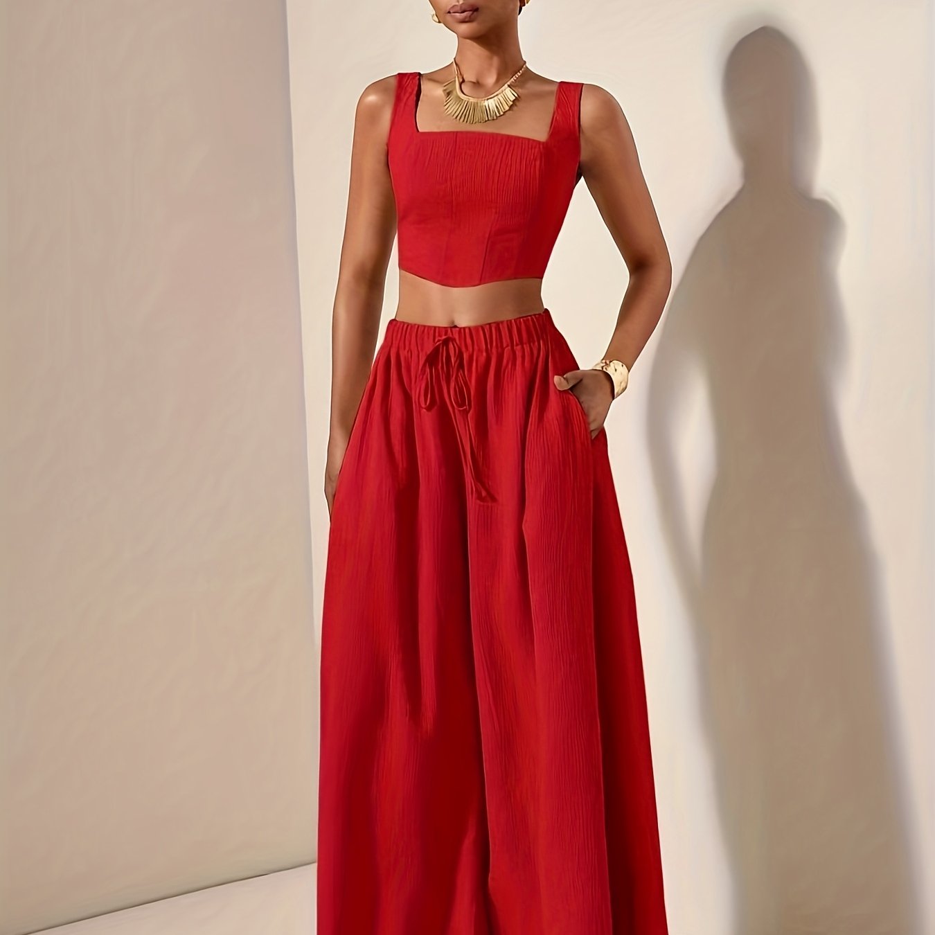 Casual Fishbone Cami Top And Wide-Leg Pants with Pockets 2pcs Set