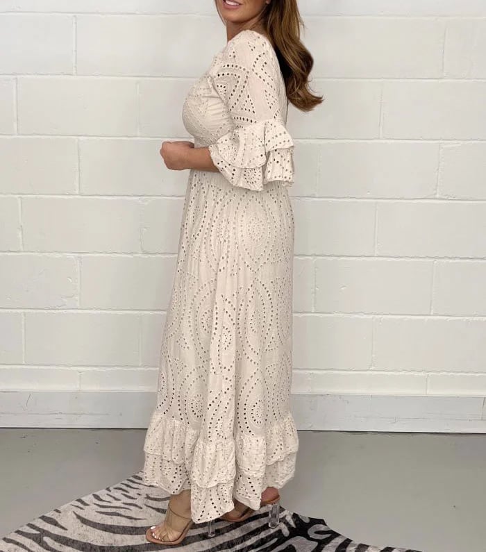 Evelora™ | Anglaise Frill Sleeve Midi Dress