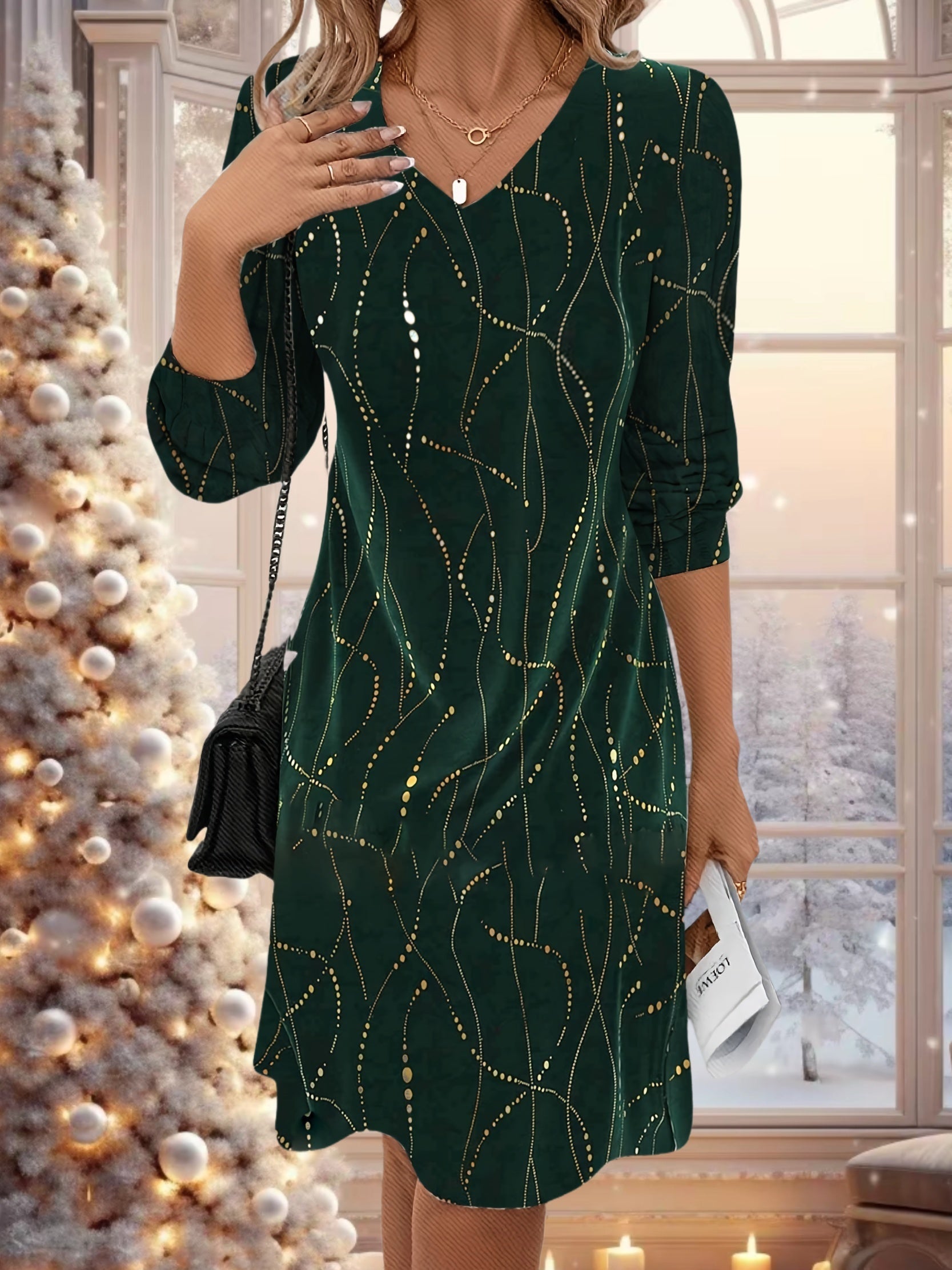 Marvella™ | Elegant Allover Print V-Neck Dress