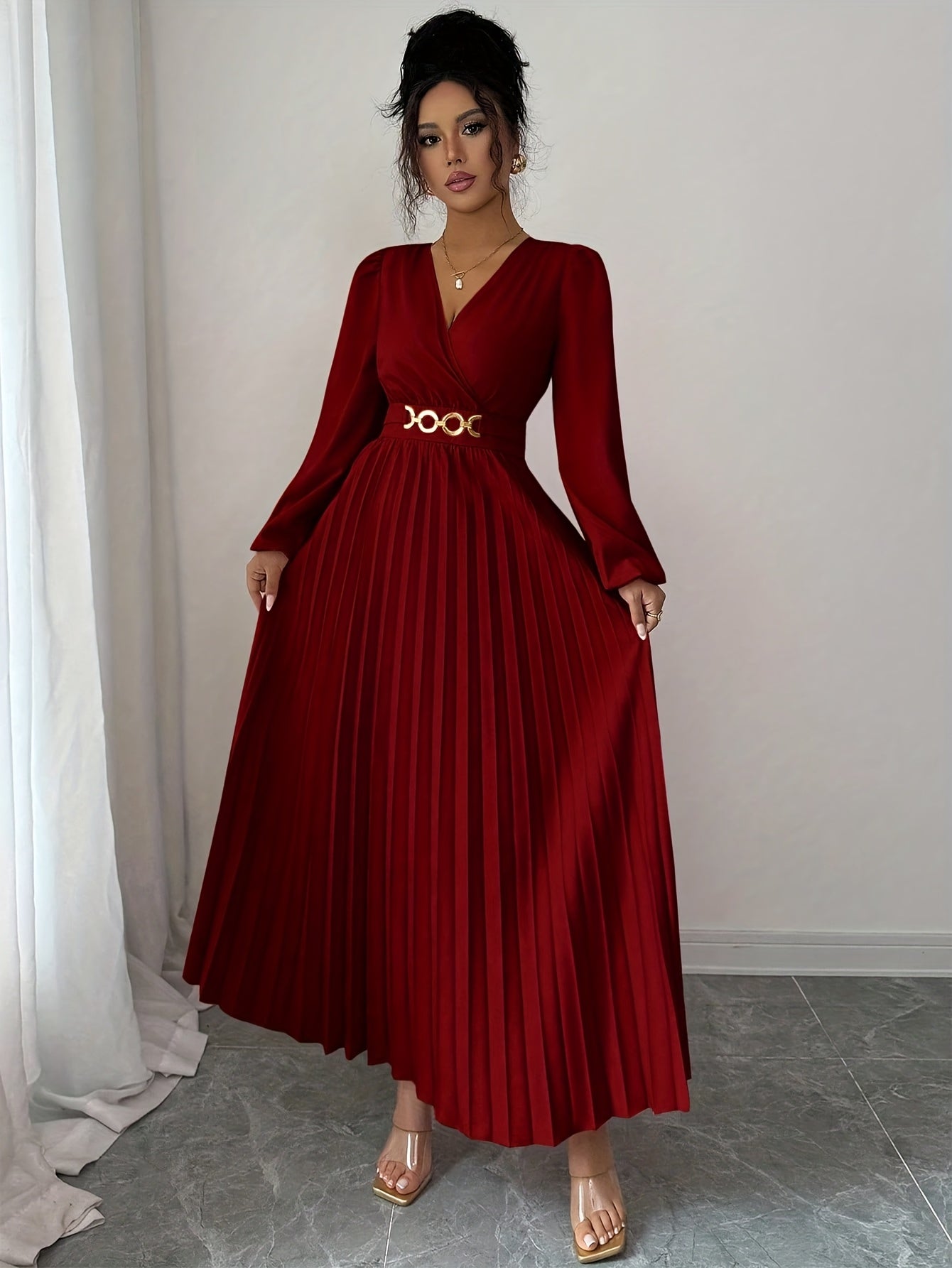 Vellamira™ | Metallic V-Neck Puff-Sleeve Evening Gown