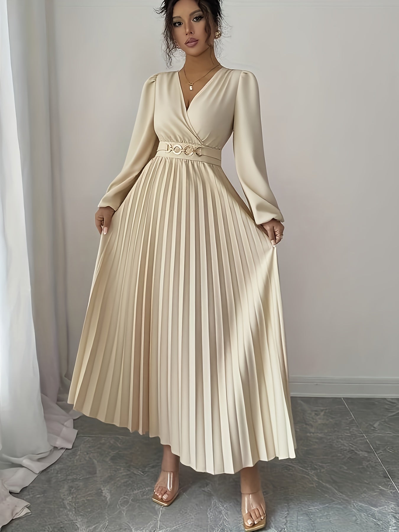 Vellamira™ | Metallic V-Neck Puff-Sleeve Evening Gown
