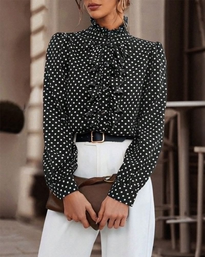 EloraDotte™ | High-Neck Polka-Dot Blouse with Ruffle Trim
