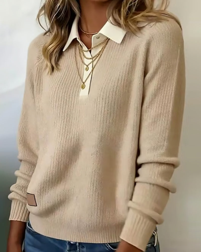 Elowen™ | Patchwork Knit Sweater with Lapel Collar