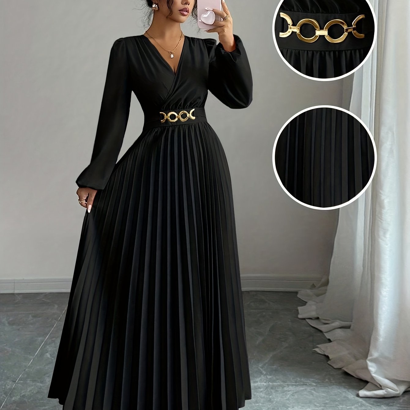 Vellamira™ | Metallic V-Neck Puff-Sleeve Evening Gown