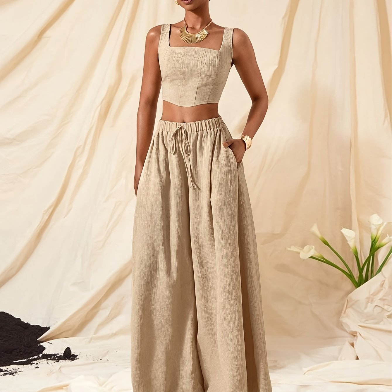 Casual Fishbone Cami Top And Wide-Leg Pants with Pockets 2pcs Set