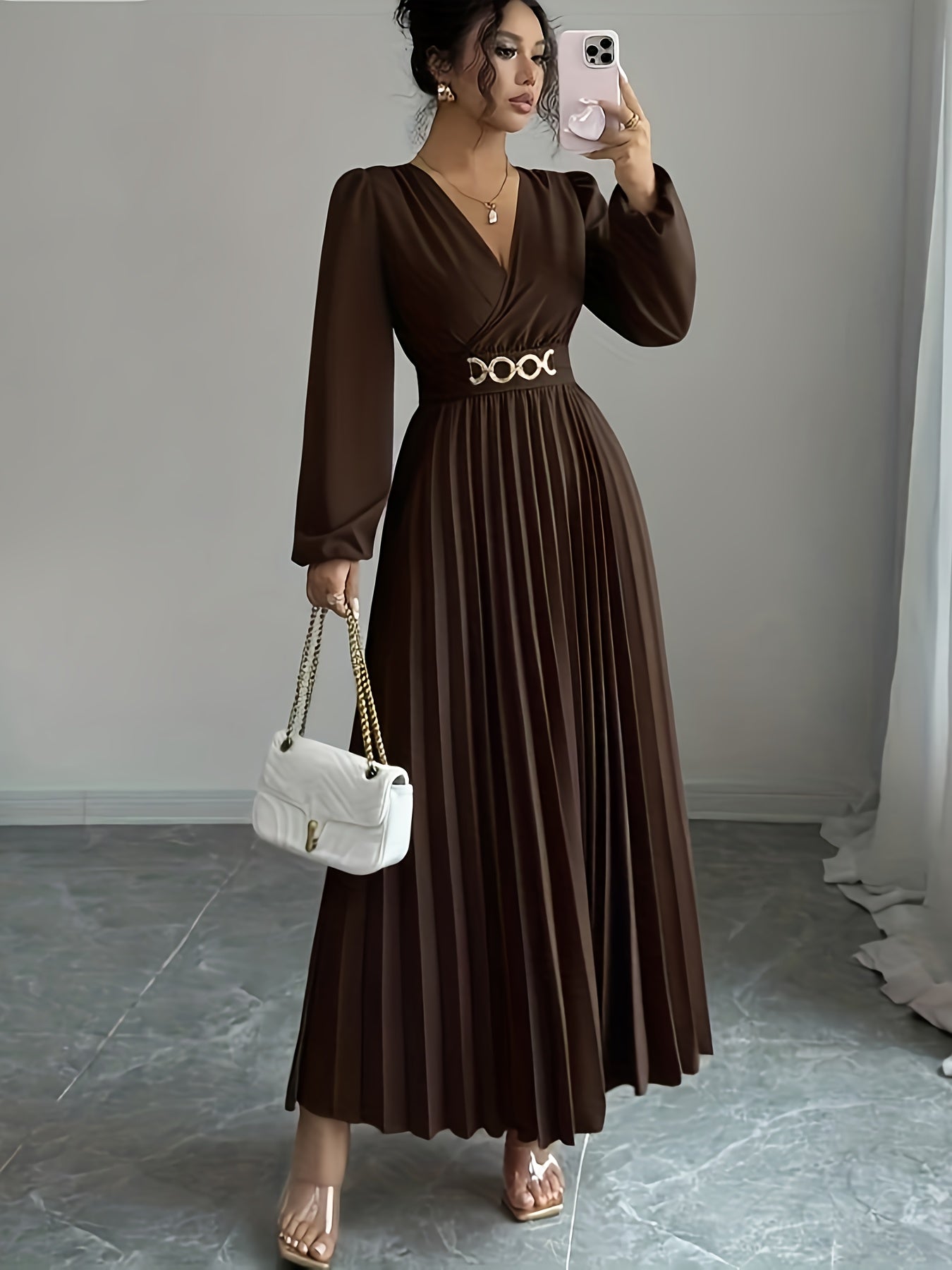 Vellamira™ | Metallic V-Neck Puff-Sleeve Evening Gown