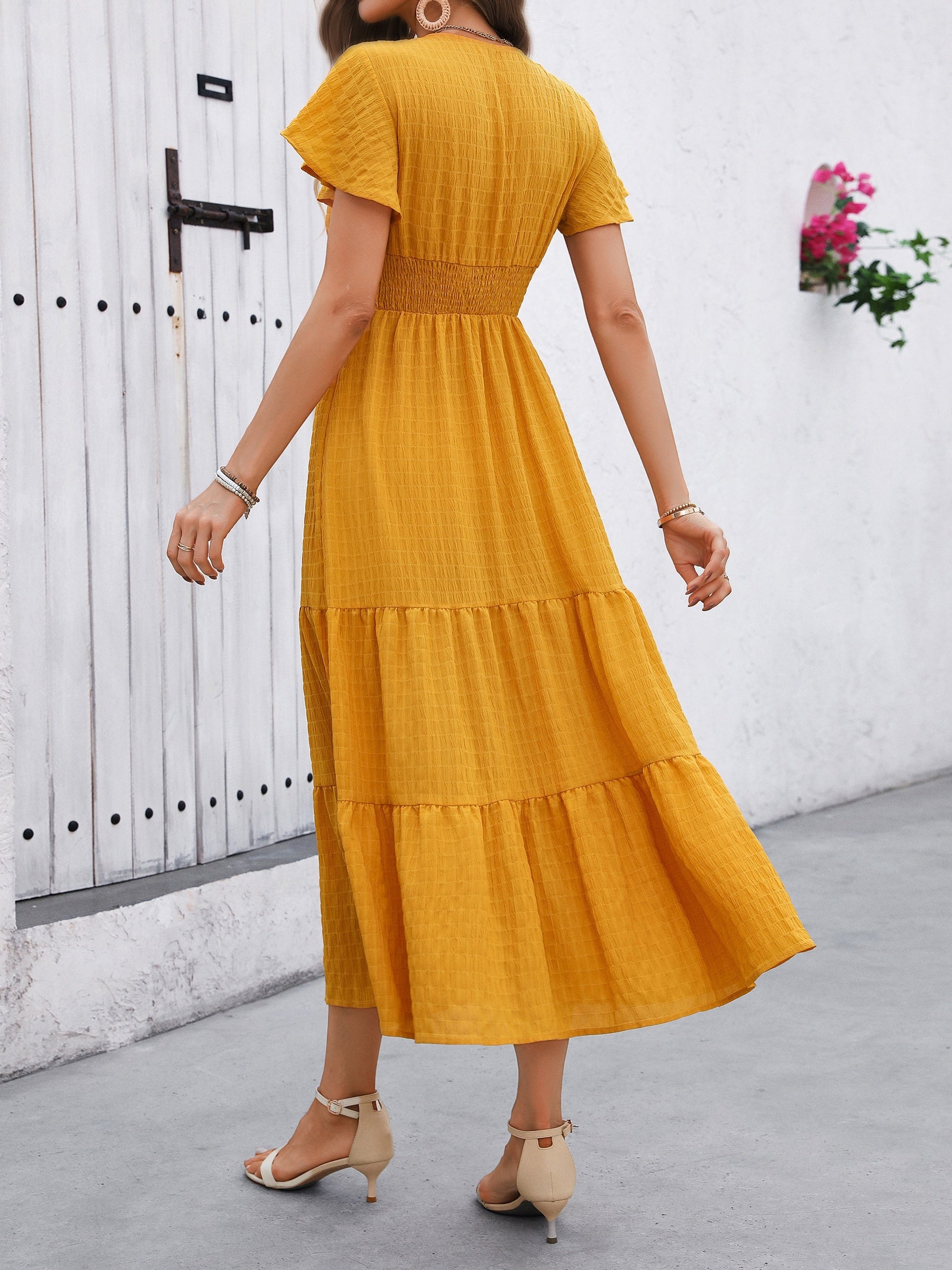 Aurefleur™ | Cross-Neck Butterfly Sleeve Layered Hem Dress
