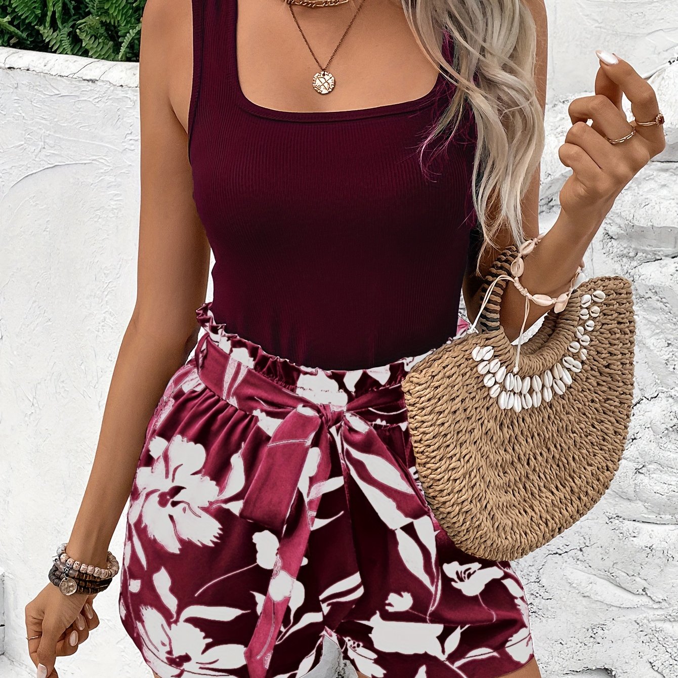 Maroon Sleeveless Tank Top & Floral Print Belted Shorts Two-Piece Set